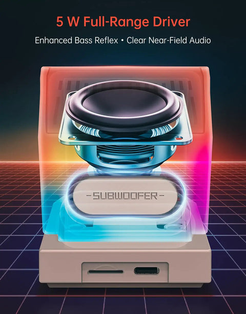 Mini Retro PC Style Speaker With Pixel Screen And DIY Faces Bluetooth And USB Audio Alarm Clock And White Noise, exposed subwoofer and driver components, enhanced bass design