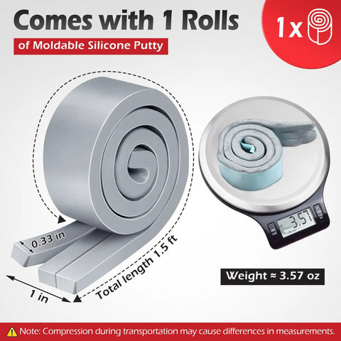 Moldable Silicone Putty Duct Sealant For Waterproof Gaps Non Hardening Multi Purpose Gap Filler For Metal Glass Wood Ceramic And Crafts Heat Resistant And Waterproof 1.5 Ft By 1 In Gray Pre Cut Strips shown in roll and on scale
