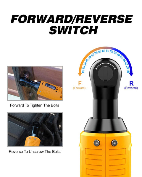 Cordless 3/8 Inch Ratchet Wrench Set With 40 Ft-Lbs Torque, 400 RPM showing forward-reverse switch detail