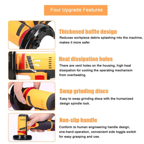 Four upgrade features of Cordless Mini Angle Grinder Go To Tool 19500 RPM for quick cuts and smooth polishing on ceramic tile wood stone and steel.
