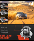 Rear Wheel Bearing And Hub Assembly 5-Lug Compatible With Mazda 3 2004-2013, Mazda 3 Sport 2009-2013, And Mazda 5 2006-2010/2012-2017, 4 Wheel ABS Ready, Built-To-Last Heavy-Duty Load Capacity For Smooth Quiet Daily Driving, displaying various load capacities and a vehicle driving on sand.