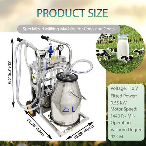 Oil Free Vacuum Milking Pump With 110V Electric Pro Grade Milker 25L Stainless Steel Bucket Portable Cow And Goat Milking Machine
