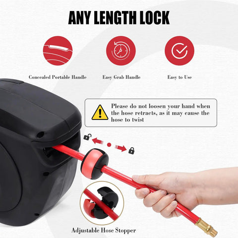Heavy-Duty Retractable Air Hose Reel 50Ft 3/8 Inch Polymer Line Solid Brass Fittings, adjustable hose stopper and handle.