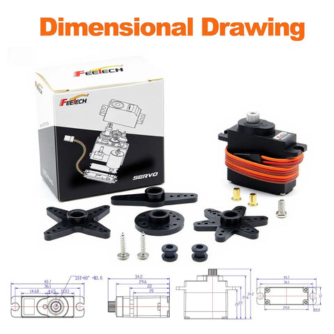 Beefy Torque Metal Gear Digital RC Servo 7.4V 10.5KG with accessories and dimensional drawing.