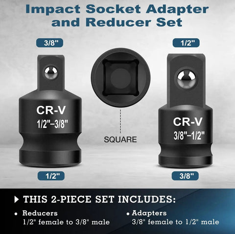 2 Piece Socket Adapter Set 1/2 Inch To 3/8 Inch And 3/8 Inch To 1/2 Inch Reducers Made From Chromoly Steel For Impact Wrenches Drill Breaker Bar And Ratchet, front view with sizes labeled