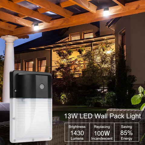 Super Bright Dusk To Dawn Led Wall Pack Lights For Outdoor Security Energy Saver Replaces 100 Watt Bulbs With Photocell Sensor Ip65 Waterproof 1430 Lumens 5000k Daylight 100-277 Volt Etl Listed Four Pack illuminating house exterior.