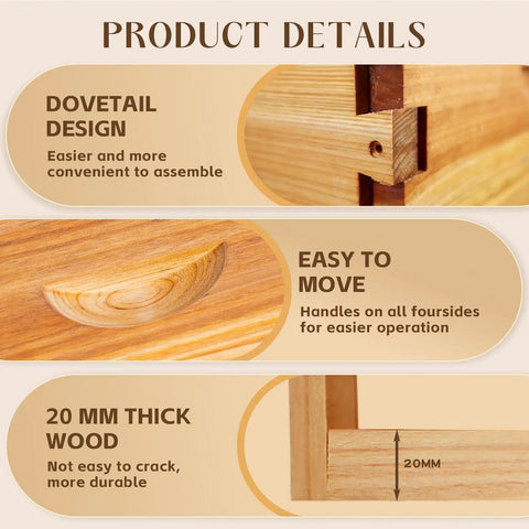 10 Frame Medium Bee Super Box With Beeswax Coating For Langstroth Hives detailing dovetail joints, thick wood, easy handles.