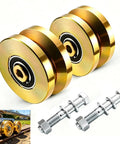 Beefy Four Inch Heavy Duty Sliding Gate Rollers Two Pair V Groove Wheels With Double Bearings 3000 Lb Capacity And Easy Install Hardware, close-up view.