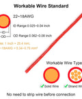 Diagram showing wire standards for 22-18 AWG with solid and strand wire types, used in 12 Pack 2 Pin 2 Way No Wire Stripping Toolless Quick Splice Wire Connectors For AWG 20-24, Compact Universal Spring Clip Wiring Connectors, No Fuss Snap In Design For Fast Electrical Joins And Repairs