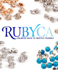 Assorted silver and gold skull studs with turquoise button embellishments by RUBYCA on white background.