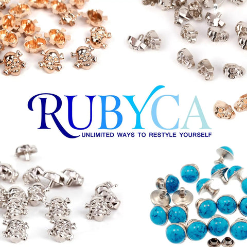 Assorted silver and gold skull studs with turquoise button embellishments by RUBYCA on white background.