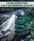 Solar Powered Deer Repellent For Plants And Gardens, Ultrasonic Animal Deterrent With LED Strobe And Adjustable Frequency, Outdoor Garden Pest Control That Keeps Deer And Critters Away From Your Landscaping: green solar garden stake with ultrasonic waves and strobe light