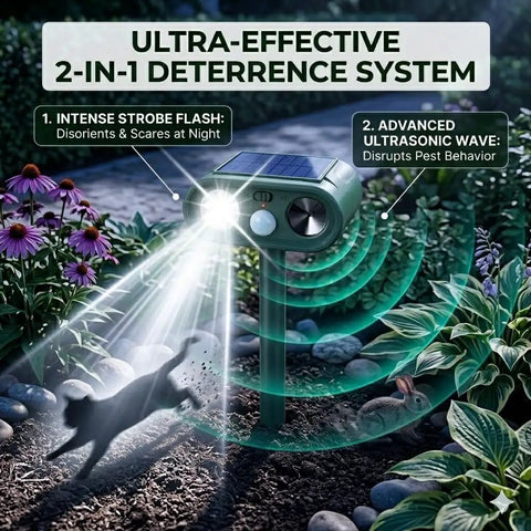 Solar Powered Deer Repellent For Plants And Gardens, Ultrasonic Animal Deterrent With LED Strobe And Adjustable Frequency, Outdoor Garden Pest Control That Keeps Deer And Critters Away From Your Landscaping: green solar garden stake with ultrasonic waves and strobe light