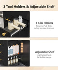 Salon Trolley Cart With Five Drawers, Three Tool Holders And Adjustable Shelf, Mobile Storage Cabinet For Barber, Beauty Spa Or Home Use, Black Finish With Raised Edge Top For Secure Tool Transport On The Go, featuring detailed views of tool holders and adjustable shelf.
