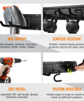 Installation and capacity features of heavy duty garage wall organizer rack kit with three mop holders and six hooks for tools.