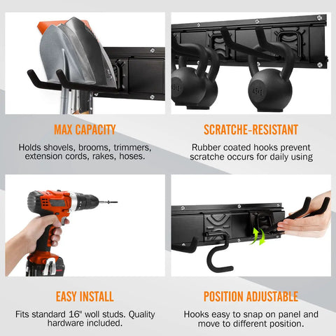 Installation and capacity features of heavy duty garage wall organizer rack kit with three mop holders and six hooks for tools.