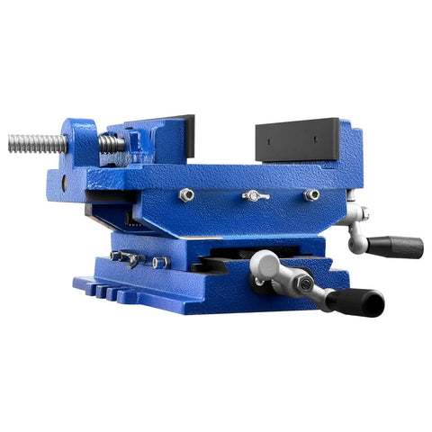 Cross Slide Drill Press Vise With 6 Inch Jaw 2 Way X Y Axis Heavy Duty Cast Iron Bench Vise Clamp, blue with dual handles viewed from side