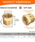 Diagram showing dimensions of Brass NPT Hex Bushing Reducer 3/8 Inch Male to 1/4 Inch Female Pipe Fittings Set for Pneumatic Tools.