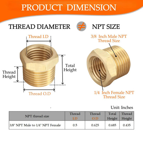Diagram showing dimensions of Brass NPT Hex Bushing Reducer 3/8 Inch Male to 1/4 Inch Female Pipe Fittings Set for Pneumatic Tools.