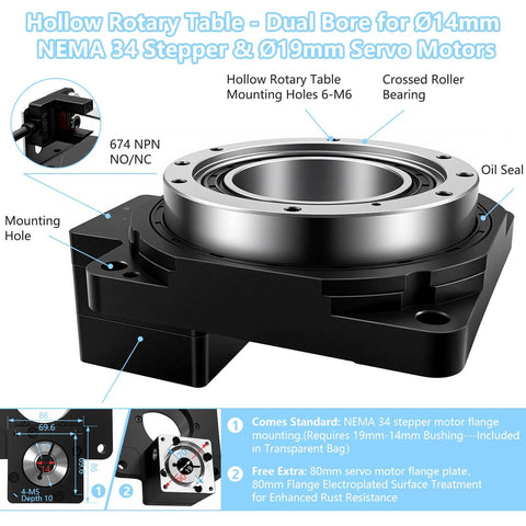 TOSEASTARS hollow rotary platform positioner with 80mm servo motor flange plate and mounting holes (front view)