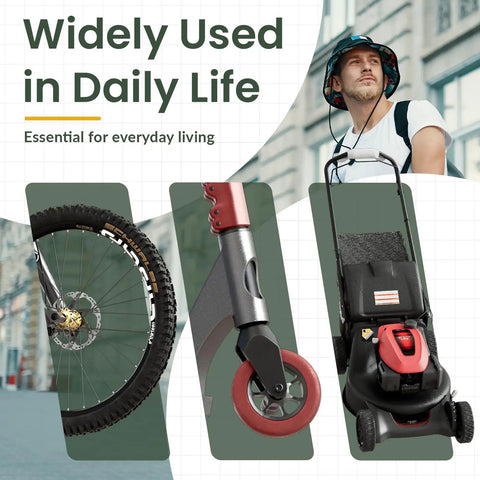 Various wheels including bicycle tire, scooter wheel, and lawnmower, highlighting the versatility of "Lock Up Your Ride With This 4 Foot Cable Lock A Tough As Nails Half Inch Resettable Combination Lock With Mounting Bracket For Bicycle Electric Scooter Or Motorcycle Orange" for daily use in securing different modes of transport.