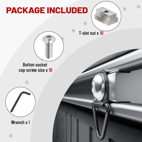 Image showing Three Eighth Inch By Sixteen Thread T Slot Nut And Button Head Socket Cap Screws Kit With Wrench 10 Pack 304 Stainless Steel For Toyota Tundra Tacoma Bed Rail Cleats And Tie Downs, including T-slot nut, button head screw, and wrench, depicted in packaging.