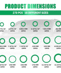 270 Piece AC O Ring Kit With 18 Sizes And Oil Resistant Rubber O Rings For Car AC Compressor Sealing, size chart displayed