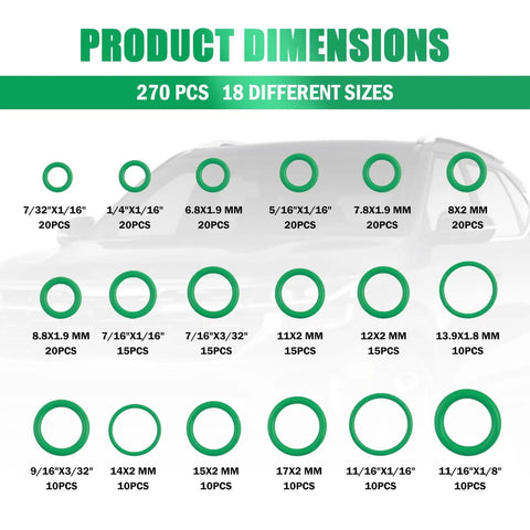 270 Piece AC O Ring Kit With 18 Sizes And Oil Resistant Rubber O Rings For Car AC Compressor Sealing, size chart displayed
