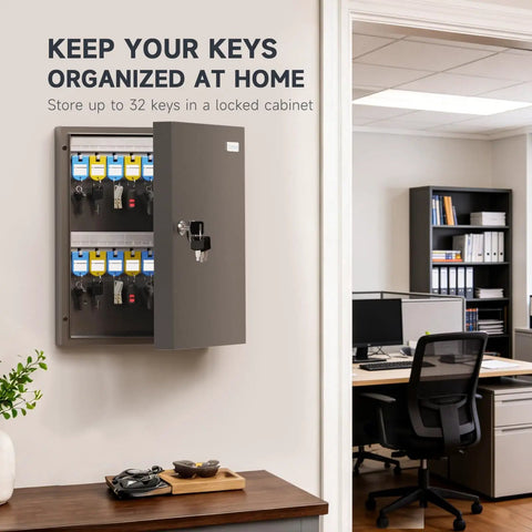 32 Key Lock Box For Home, Office, And Garage, Wall Mount Key Cabinet With Management System, open showing labeled key hooks in office