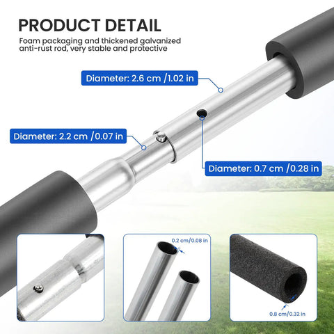 Product detail of Six Pack Curved Trampoline Replacement Poles Thick Galvanized Steel Upgrades showing sizes and materials.