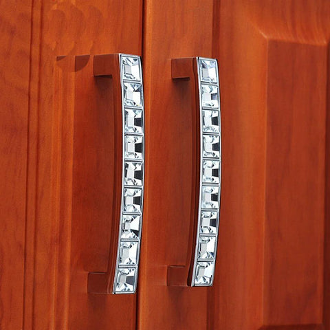 Silver Crystal Glass Drawer Pull Handle Set 64mm 2.52 Inch U Shaped European Style for cabinets on wooden doors.