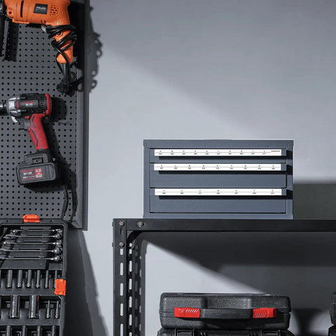 Pro Grade Three Drawer Drill Bit Dispenser Cabinet With 27 Compartments Cold Rolled Steel Drill Bit Organizer on shelf