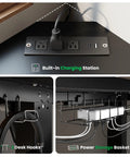 Built-in charging station, desk hooks, and power storage basket on L Shaped Standing Desk With 63 By 55 Inch Corner Desk For Home Office.