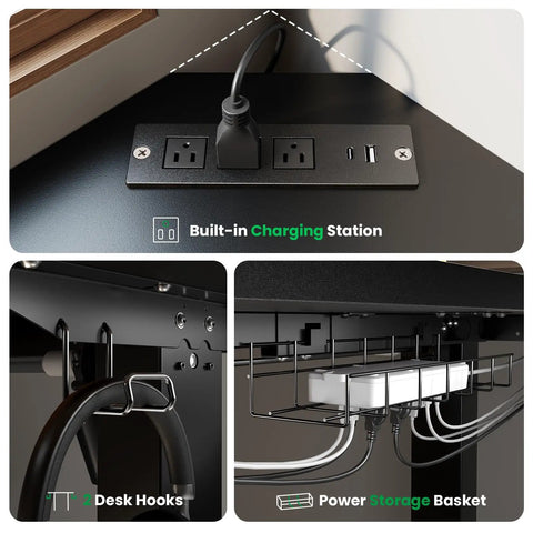 Built-in charging station, desk hooks, and power storage basket on L Shaped Standing Desk With 63 By 55 Inch Corner Desk For Home Office.