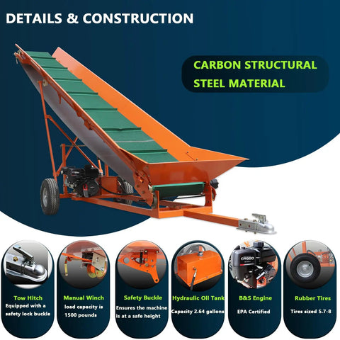 Gas powered firewood conveyor with 19.7 inch wide PVC belt, 31 ft long, 208cc 6.5HP engine, hydraulic drive, manual winch, orange.