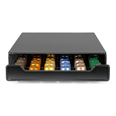 Keep Your Kitchen Game Tight With This Metal Coffee Pod Drawer Holds Sixty Nespresso Capsules Effortless Slide Design Lets You Snag Pods Without Breaking A Sweat, featuring six rows of capsules in a black drawer.