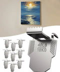 Heavy Duty Drywall Canvas Hangers And Claw Hooks Damage Free Picture Hanging Kit Secures Forty Pounds Quickly With Reinforced Steel Teeth No Drilling Required Hangs Tight Every Single Time, showing hangers and a painted canvas.