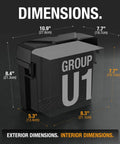 Kickin Dust Snap Top Battery Box For Group U1 12V shown with dimensions 10.9x8.4x5.3 inches for secure battery storage.