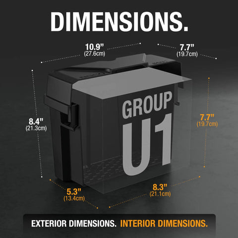 Kickin Dust Snap Top Battery Box For Group U1 12V shown with dimensions 10.9x8.4x5.3 inches for secure battery storage.