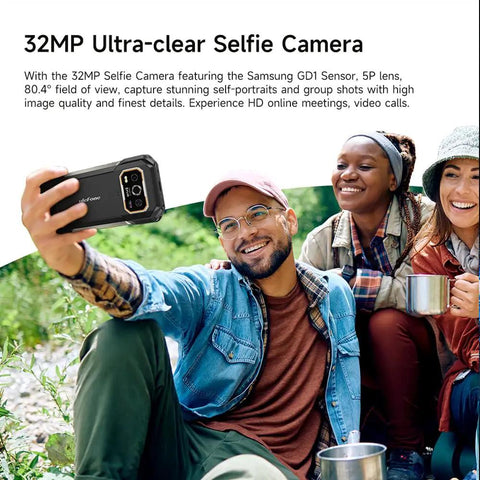 Kickass 5G Rugged Champ With Built-In Thermal Scanner And Sharp Night Vision Lens, Smooth 6.78 Inch FHD Plus Display Packing 24GB RAM And 256GB Vault, Android 14 Unlocked Powerhouse With Hefty 10600mAh Juice And Quick Wireless Charging during a selfie with group outdoors.