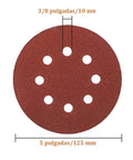 5 inch sanding disc with 8 holes, made of aluminum oxide, used for sanding and polishing wood or vehicle surfaces.
