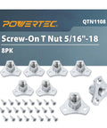 5/16-18 Screw-On Tee Nuts Pack Of 8, threaded inserts with screws for woodworking and furniture projects, front view