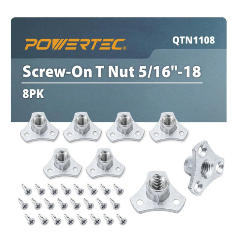 5/16-18 Screw-On Tee Nuts Pack Of 8, threaded inserts with screws for woodworking and furniture projects, front view