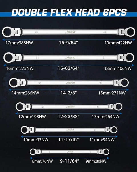 Dimensions and sizes of Extra Long Flex Head Ratcheting Wrench Set, 6 Piece Double Box End Long Reach Metric 8 19mm, CRV Steel