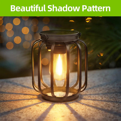 Outdoor Solar Lanterns Pack Of 4 Waterproof Metal Hanging Lights casting warm glow and shadow on table.