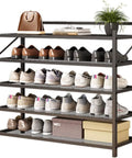 Heavy Duty 5 Tier Shoe Rack For Entryway And Closet, carbon steel frame with ventilated mesh shelves and bags on top.