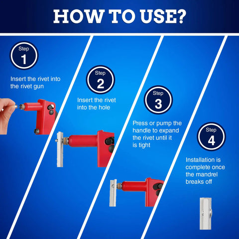 Instructions on using 342 Piece Blind And Pop Rivet Kit With Aluminum Rivets And 304 Stainless Steel Backup Washers, 4 steps.