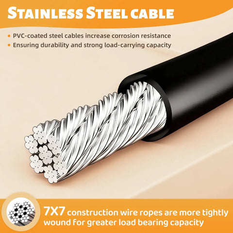 Close-up of Rugged PVC Coated Stainless Steel Wire Rope Kit 50 Ft showing 7x7 braided stainless steel core.