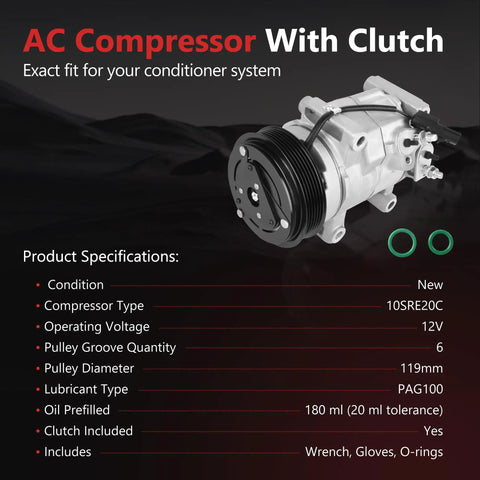 Heavy Duty Ac Compressor With Clutch For 3.6L Pentastar Engine showing 10SRE20C model, 119mm pulley diameter and new condition.