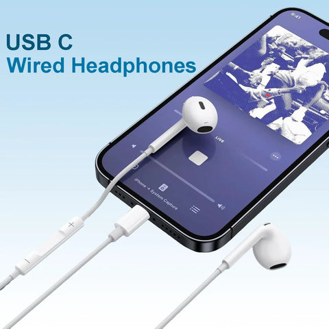 Two Pack USB C Earbuds With Mic And Remote, Noise Cancelling Type C Headphones for iPhone connected to a smartphone display